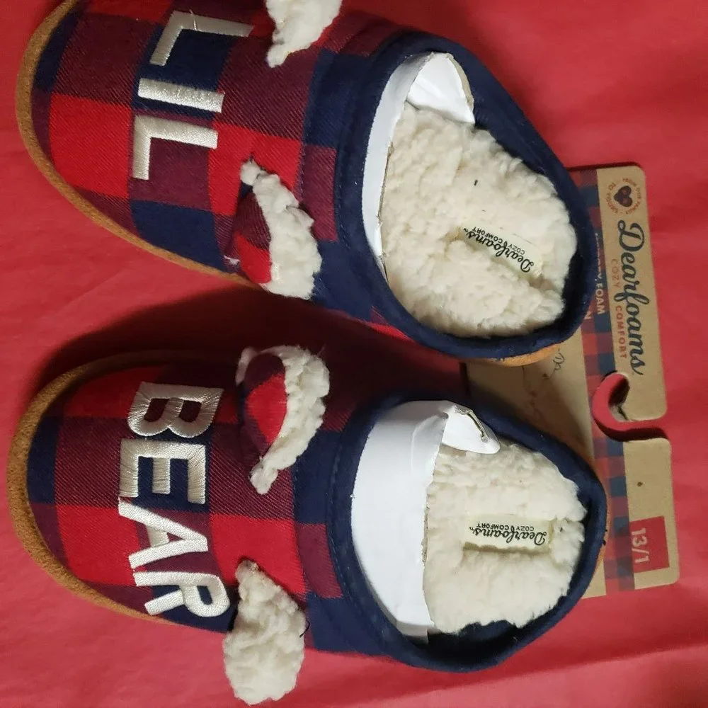 Dearfoams Kids Bear Plaid Clog Slippers Multi-Density Cushioned Insole With Memo